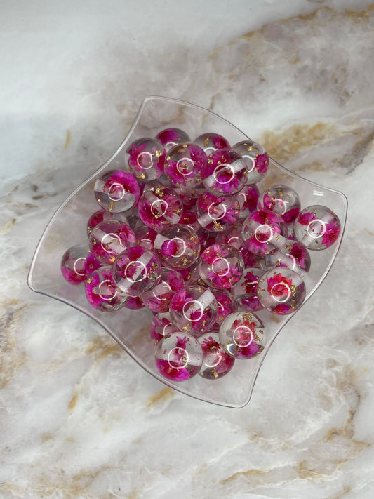 **DISCONTINUED** 16MM DRIED FLOATING FLOWER ACRYLIC BEAD DEEP PINK