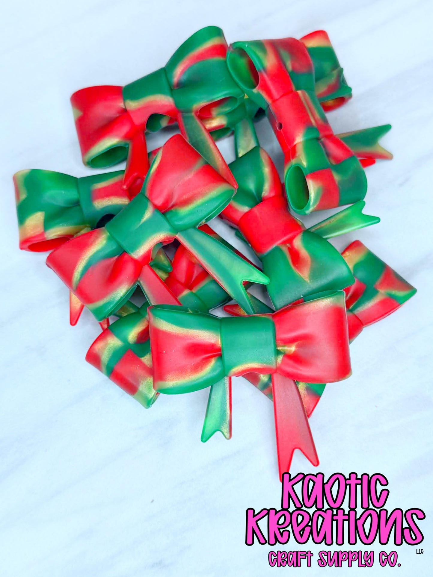 BEADABLE JUMBO SILICONE BOW RED GREEN GOLD SWIRL (1ct)