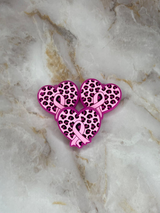 PINK RIBBON LEOPARD HEART SILICONE FOCAL