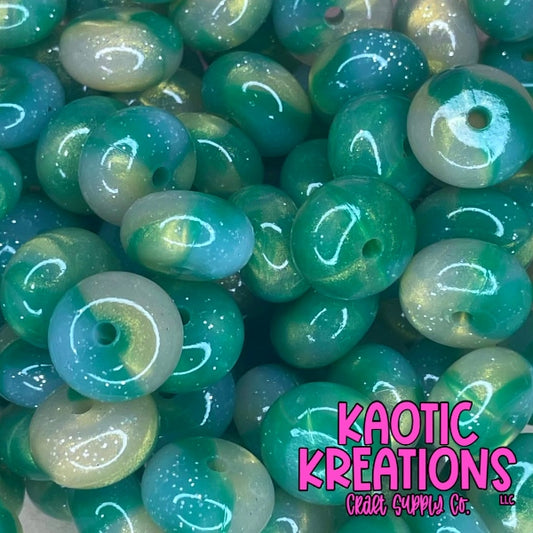 14MM GLITTER JELLY ABACUS BEAD TEAL/GOLD SWIRL (1ct)