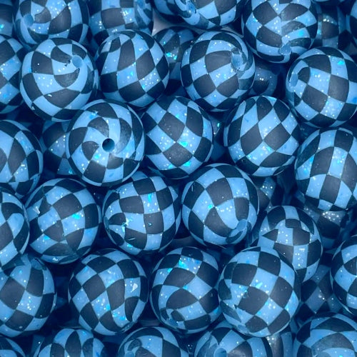 P664 BLUE CONFETTI CHECKERED GLITTER 15MM PRINT (1ct)