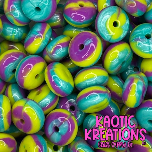 14MM JELLY ABACUS BEAD LIME/PURPLE/TEAL SWIRL (1ct)