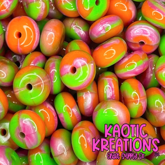 14MM JELLY ABACUS BEAD ORANGE/PINK/LIME SWIRL (1ct)