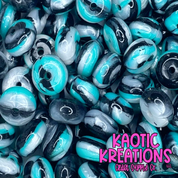14MM JELLY ABACUS BEAD TEAL/BLACK/SILVER SWIRL (1ct)