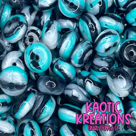 14MM JELLY ABACUS BEAD TEAL/BLACK/SILVER SWIRL (1ct)
