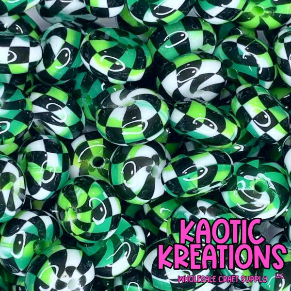 14MM JELLY ABACUS GREEN/WHITE SWIRL CHECKERED PRINT (1ct)