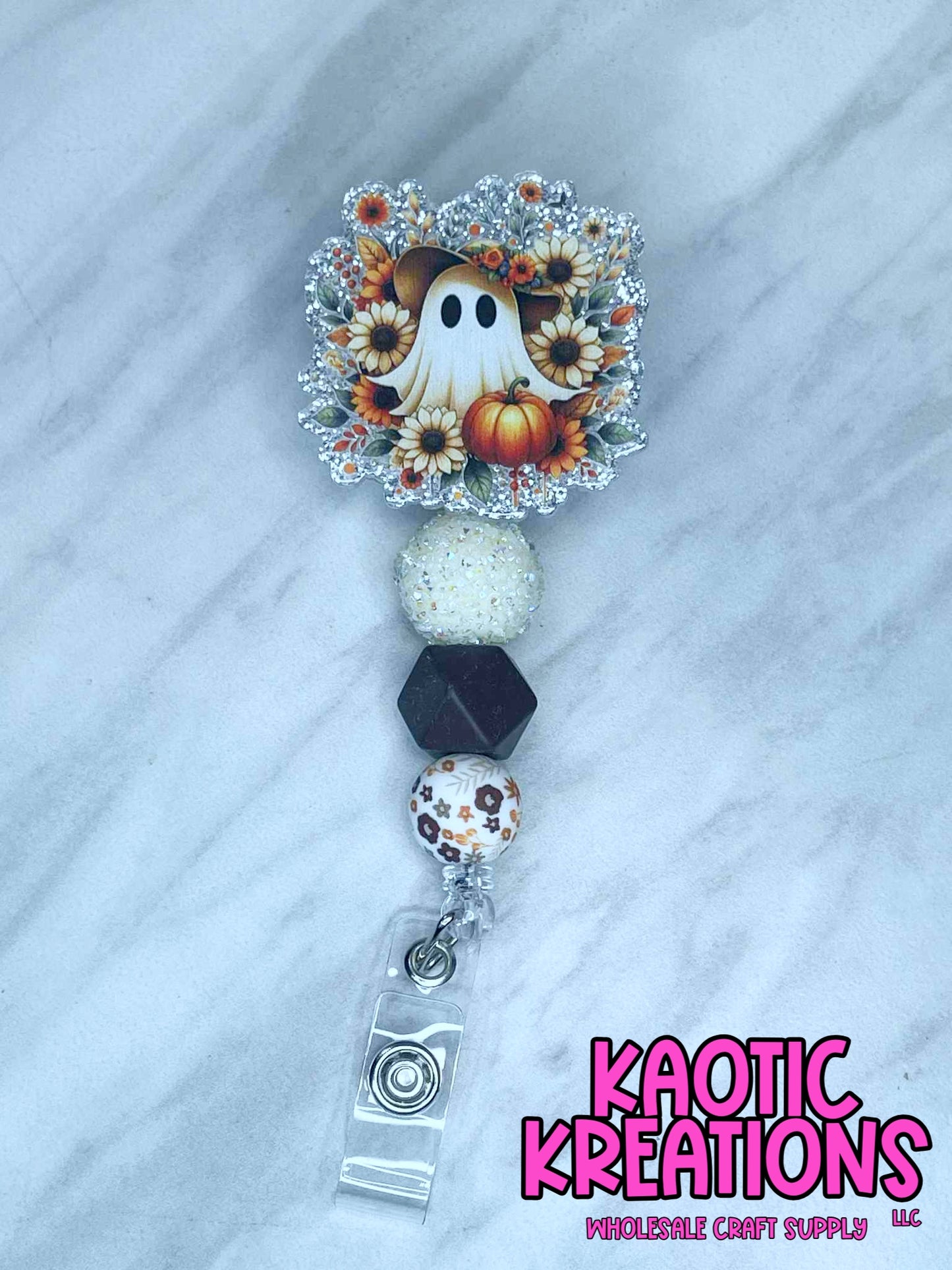 PRE-MADE BEADED BADGE REEL - FLORAL GHOST BR1 (1ct)