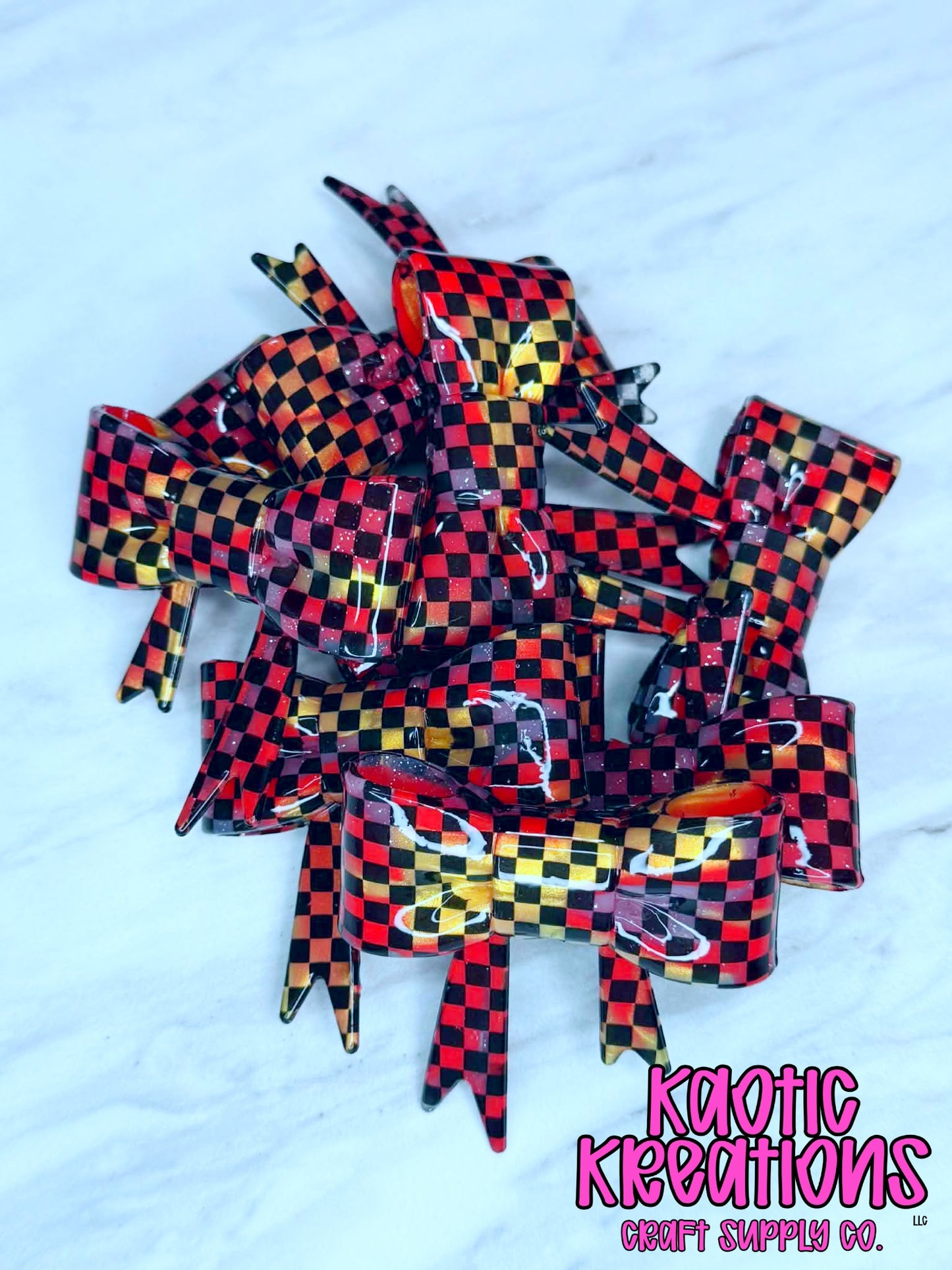 BEADABLE JUMBO SILICONE BOW LIQUID CHECKERED RED GOLD SWIRL (1ct)