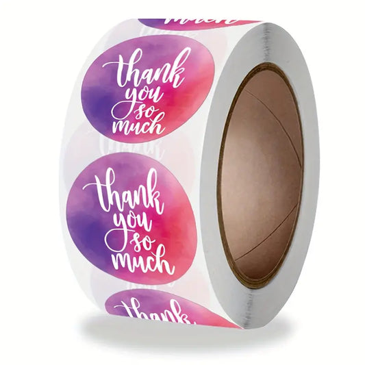 500 1" PINK/PURPLE WATERCOLOR THANK YOU STICKERS 1 ROLL