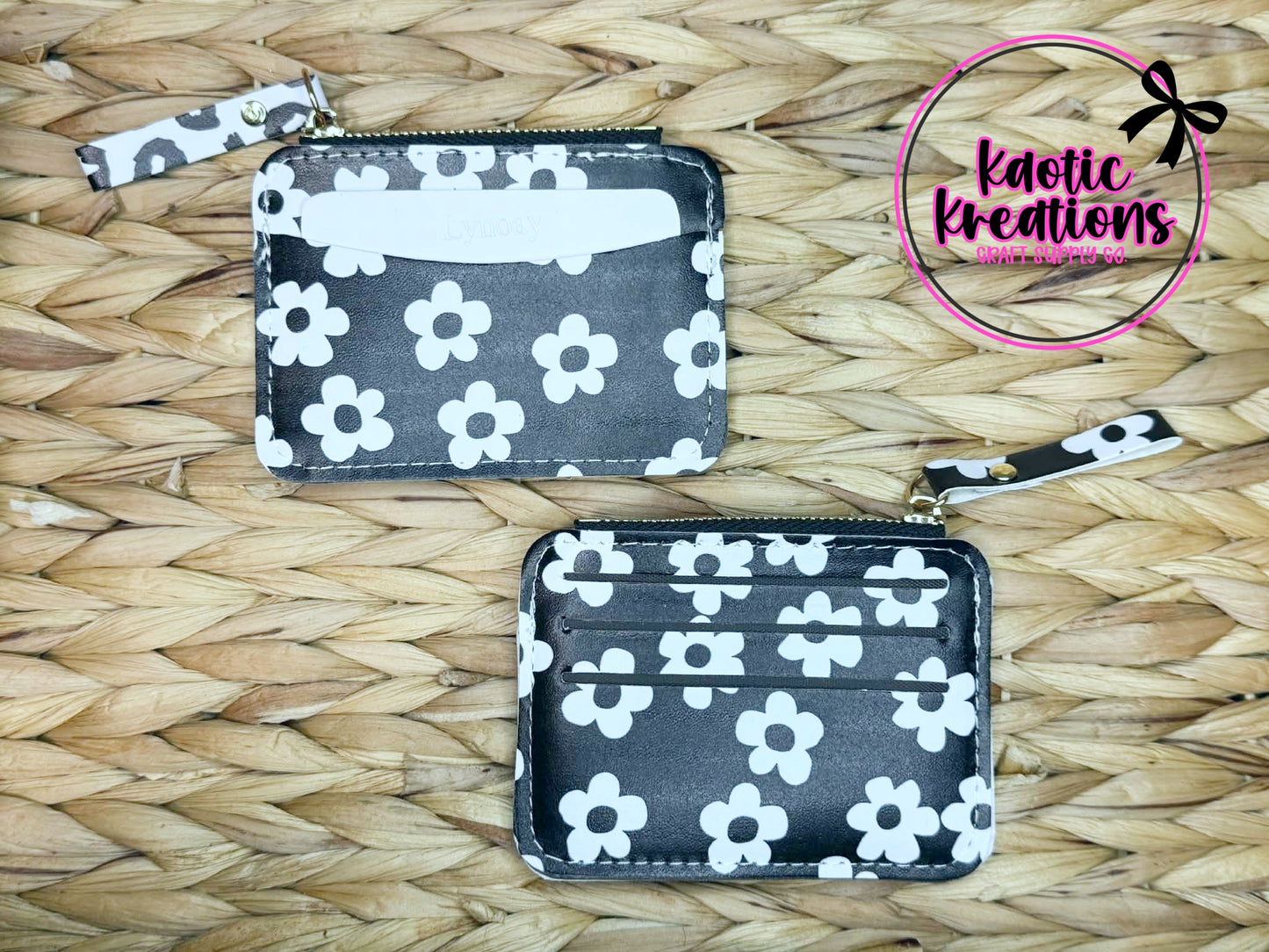 FAUX LEATHER WALLET W/ZIPPER - BLACK WHITE FLORAL (1ct)