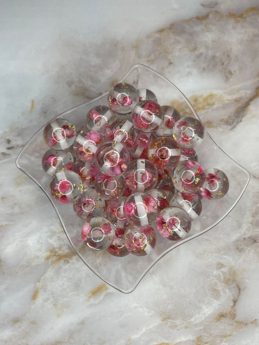 **DISCONTINUED** 16MM DRIED FLOATING FLOWER ACRYLIC BEAD PINK