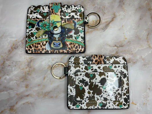 LEATHER KEYCHAIN WALLET FLORAL COW