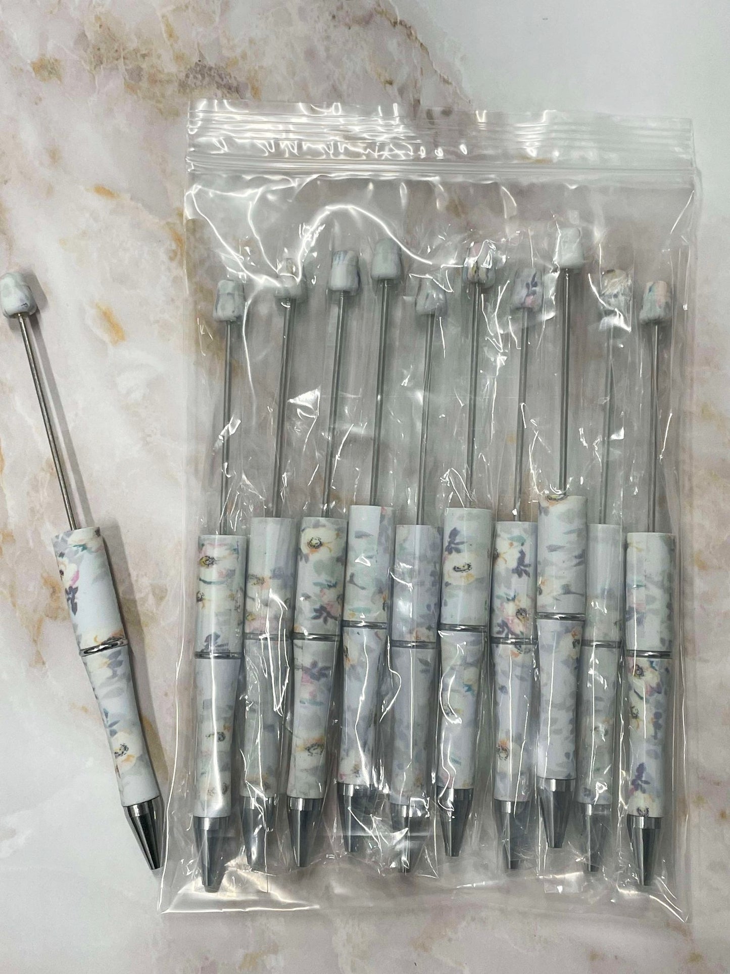 WHOLESALE - GREY FLORAL BEADABLE PEN 10 PACK