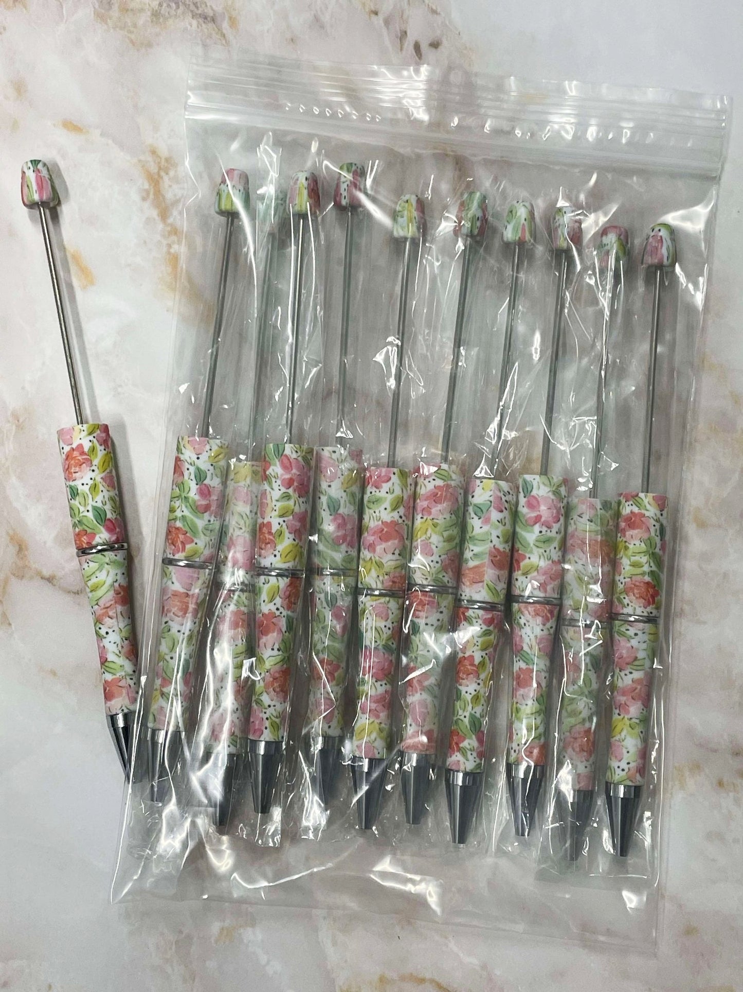 WHOLESALE - PEACH FLORAL BEADABLE PEN 10 PACK