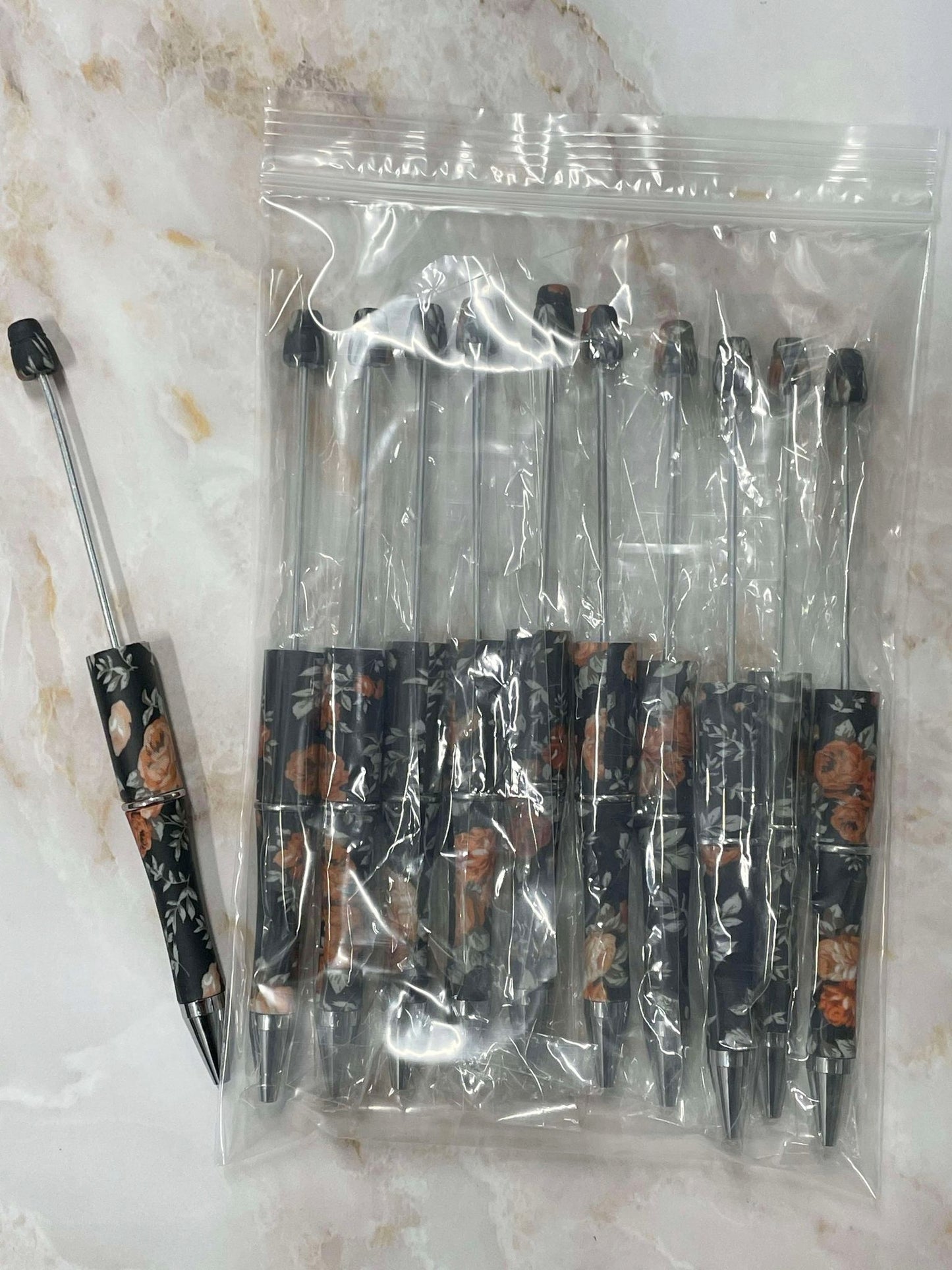 WHOLESALE - BLACK FLORAL BEADABLE PEN 10 PACK