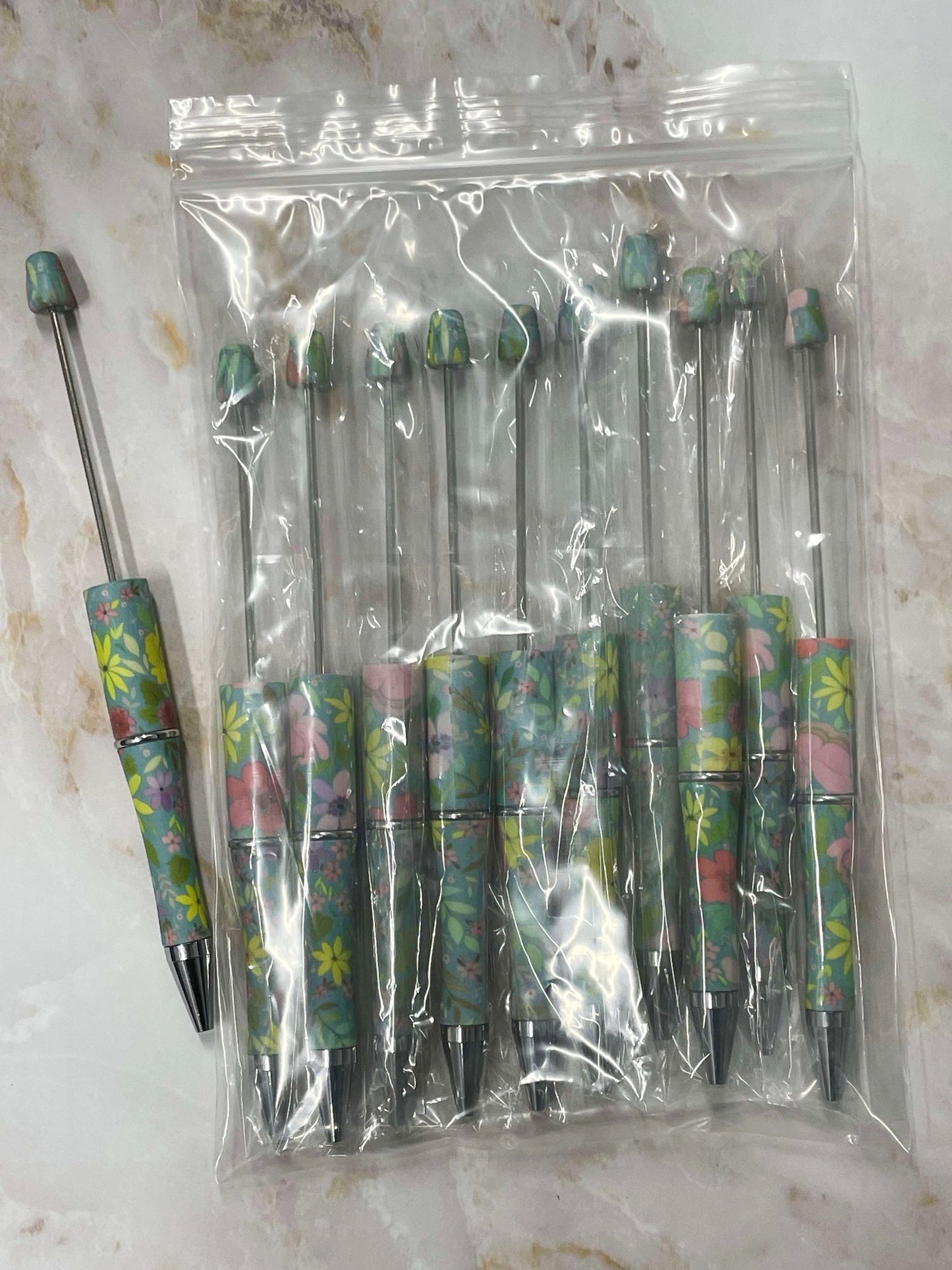 WHOLESALE - MINT FLORAL BEADABLE PEN 10 PACK