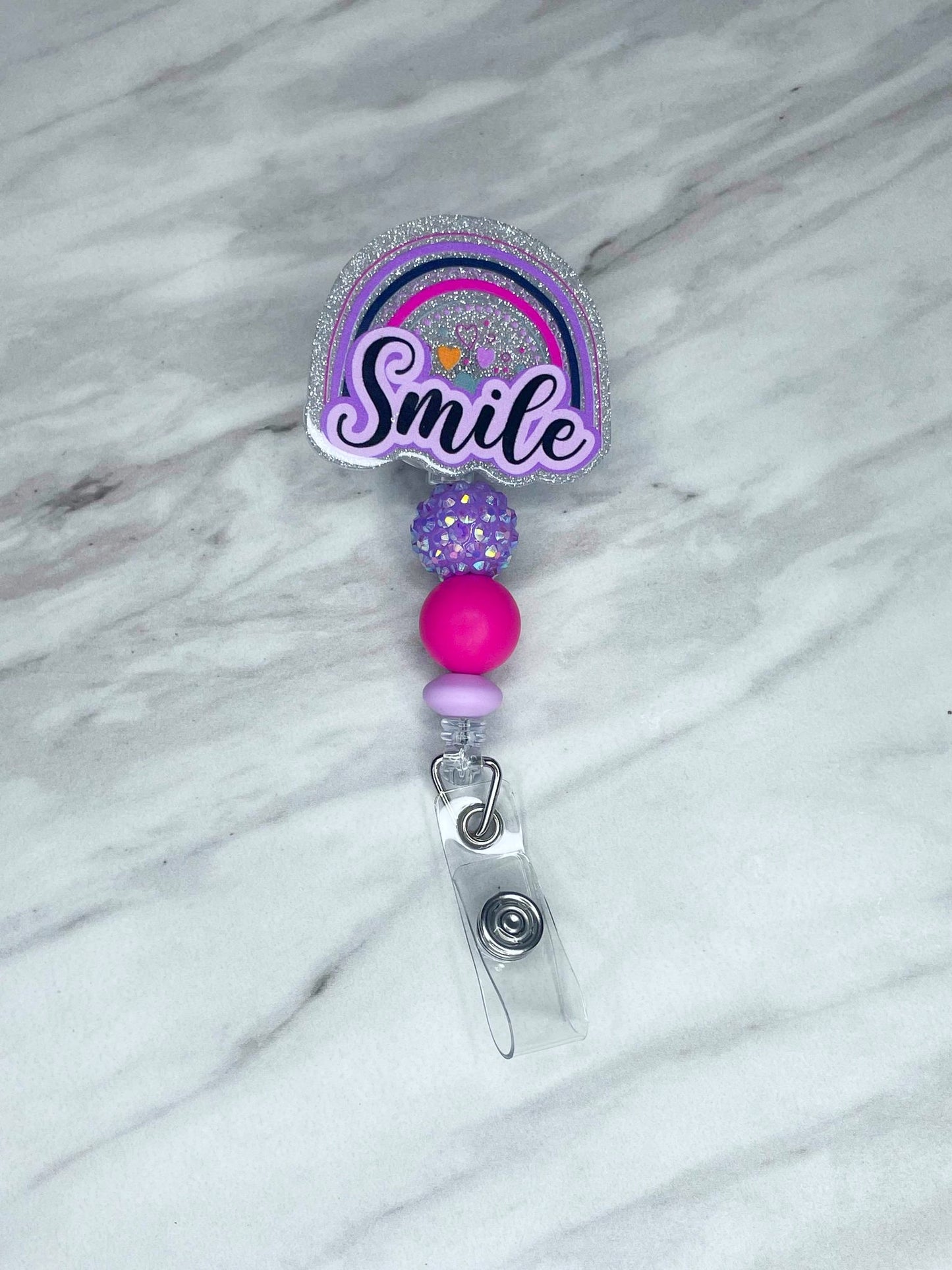 PRE-MADE BEADED BADGE REEL SMILE RAINBOW