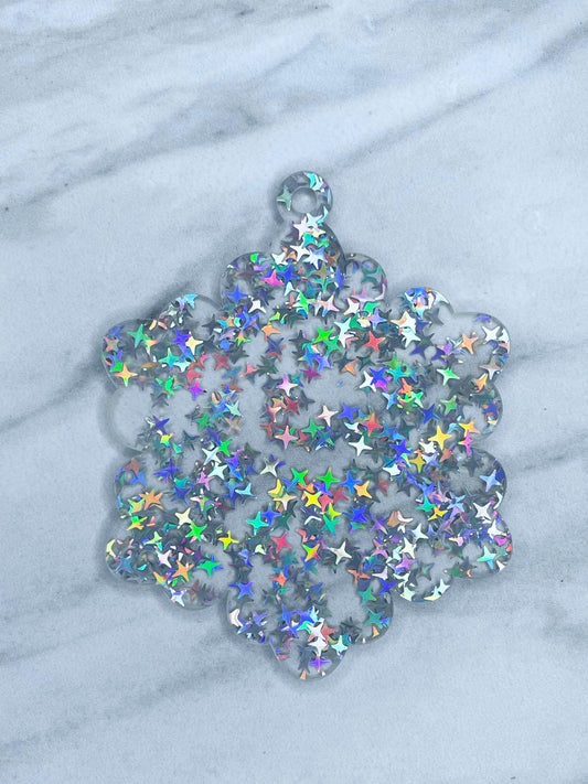 ACRYLIC SNOWFLAKE ORNAMENT BLANK - SILVER STAR CHUNKY GLITTER (1ct)