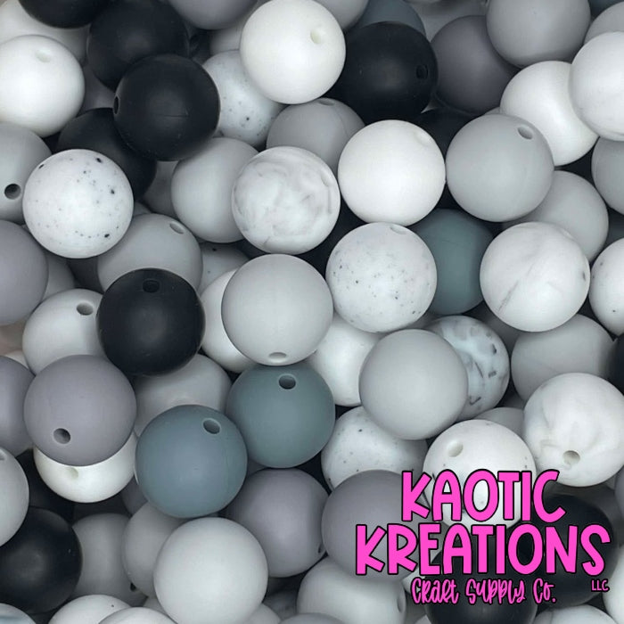 SHADES OF BLACK AND WHITE SILICONE BEAD MIX