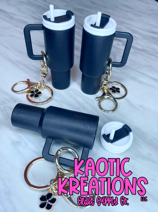 MINI TUMBLER CUP CHARM KEYCHAIN - BLACK W/FLOWER CHARM (1ct)