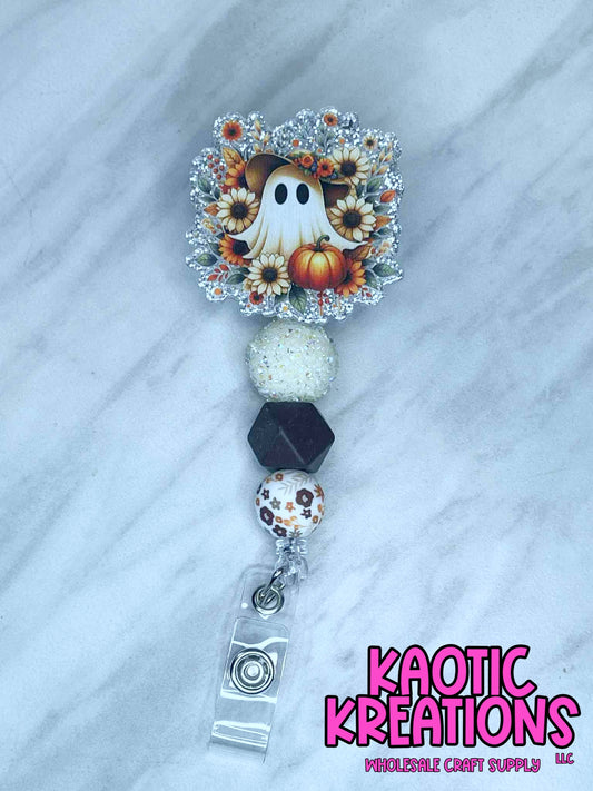 PRE-MADE BEADED BADGE REEL - FLORAL GHOST BR1 (1ct)