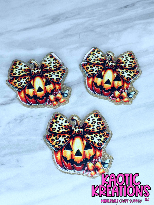 FLATBACK ACRYLIC LEOPARD BOW PUMPKIN F165 (1ct)